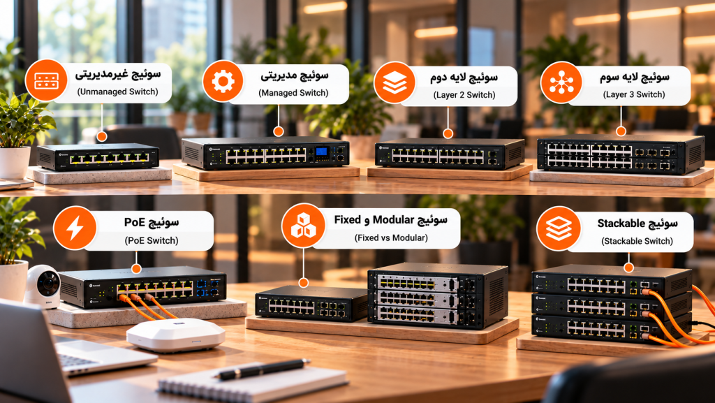 Network Switch Infographic in a Modern Office