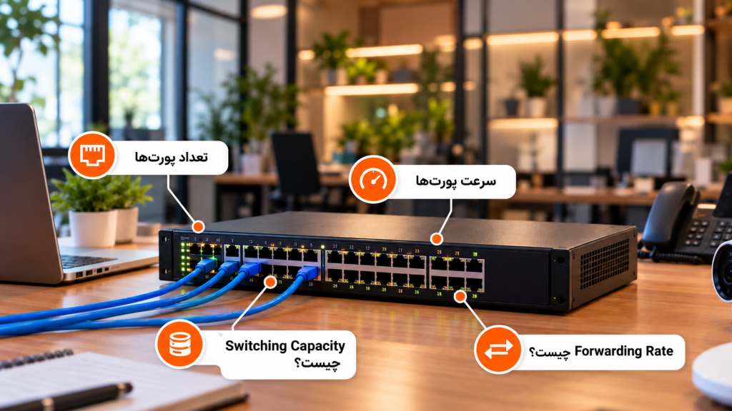 Network Switch Infographic with Persian Callouts